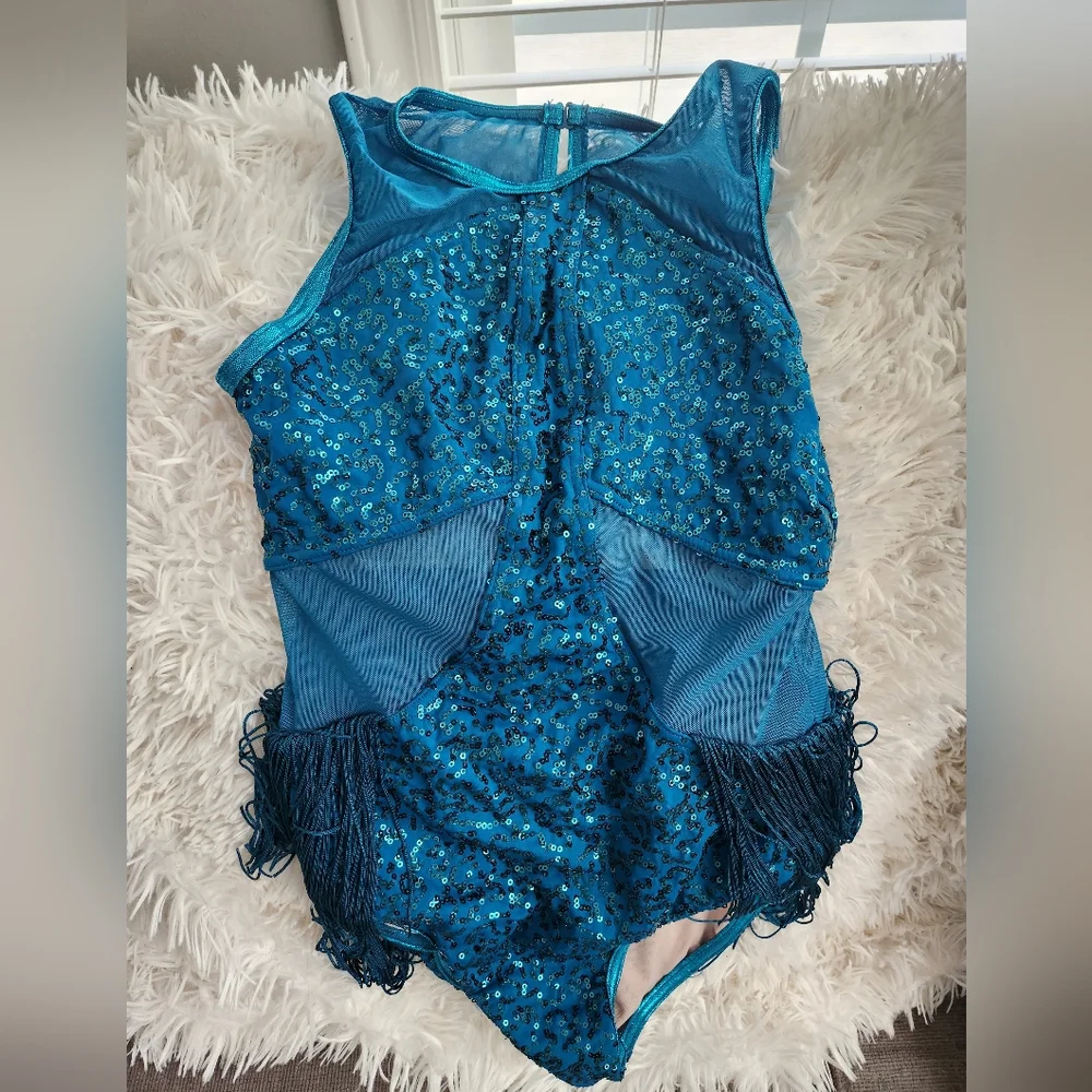 EUC Balera Wisseman Dance Teal Sequin Leotard With Fringe Size LC